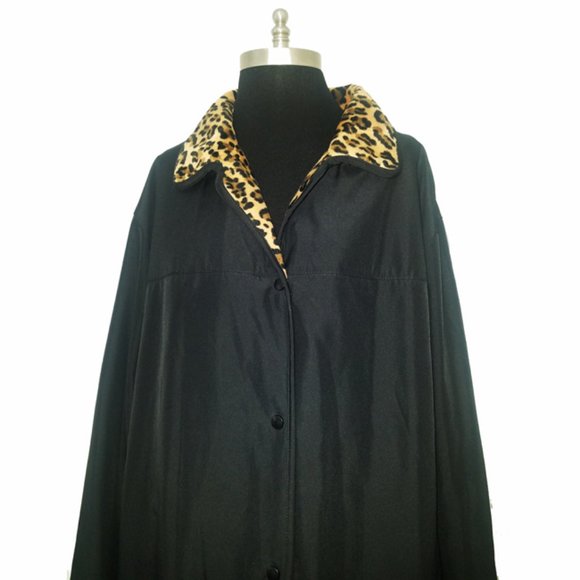 Plus Size Black Reversible Leopard Print faux Fur Coat 1X - Picture 2 of 11